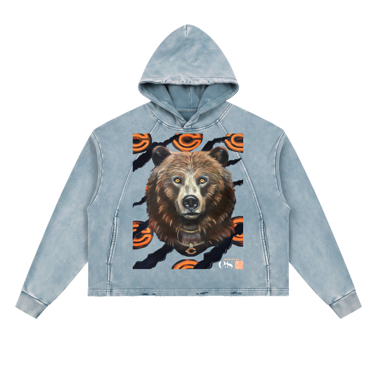 Steadfast Chicago Bears Adult Vintage Washed Frayed-Hem Hoodie | Light Blue